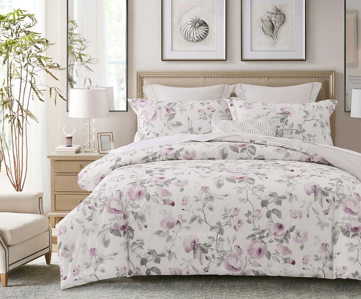 SLEEPBELLA Comforter King Size, 600 Thread Count Cotton White Print with Purple Flowers Reversible Comforter Sets, Down Alternative Bedding Set 3Pcs(King, Purple Floral) - Image 3