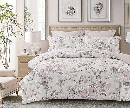 Miniatura 3 de SLEEPBELLA Juego de edredón tamaño Queen, 600 hilos de algodón con estampado blanco y flores moradas, juego de edredón reversible, ropa de cama