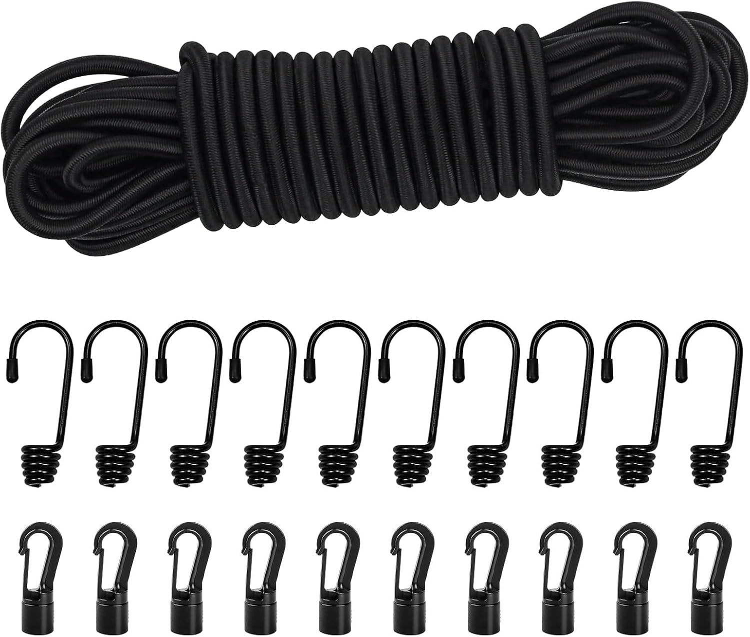 1/4" Bungee Cord, 33 Feet Elastic Bungee Cords with 20pcs Hooks, Shock Cord for Kayak Tarp Luggage Camping Accessories, Fitness Indoor&Outdoor Activities (1/4" x 33')