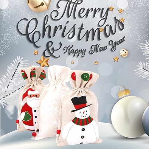 Miniatura 4 de FZBNSRKO 12 bolsas de regalo de Navidad con cordón, bolsa de dulces con diseño de muñeco de nieve de Papá Noel para Navidad, vacaciones, suministros