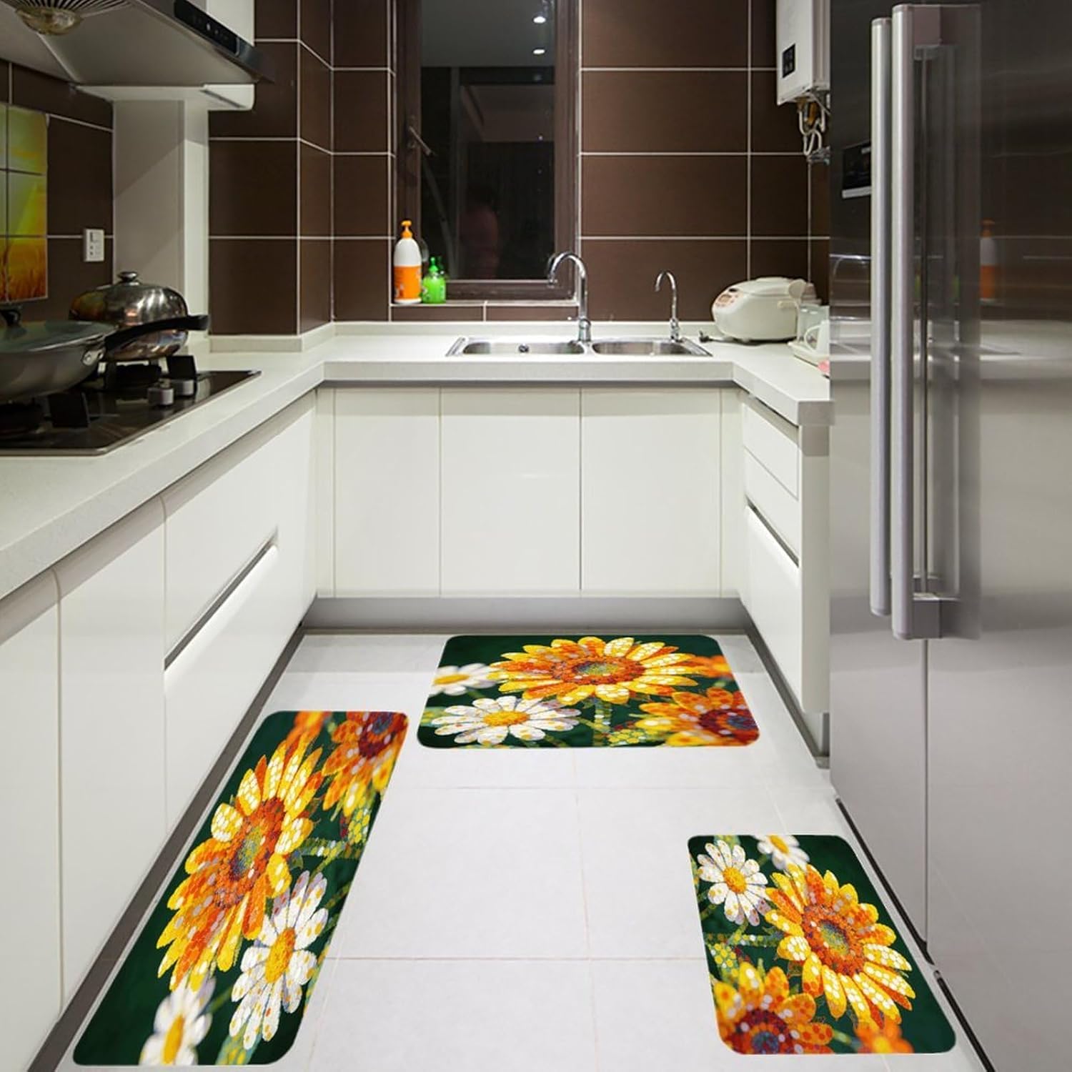 Colorful Flowers Kitchen Rugs Sets of 3 Non Slip Kitchen Mat for Floor Comfort Standing Rug and Mats Thick Cushioned Long Area Carpets for Laundry Room Entryway