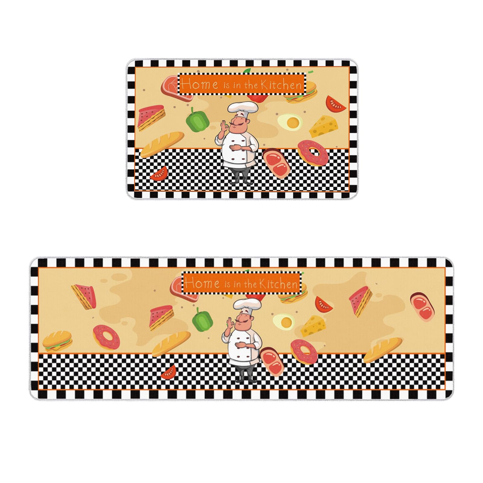 Kitchen Rugs - Kitchen Chef Food Black White Plaid Cushioned Anti Fatigue Comfort Standing Kitchen Rugs for Floors, Non-Skid Kitchen Mats Set of 2, 19.7"x31.5"+19.7"x63"
