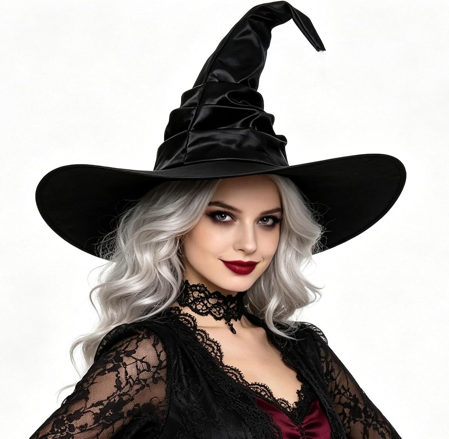 Women's Large Ruched Witch Hat Halloween Wizard Costume Accessory - Matte Satin Folding Witch Hat for Adult