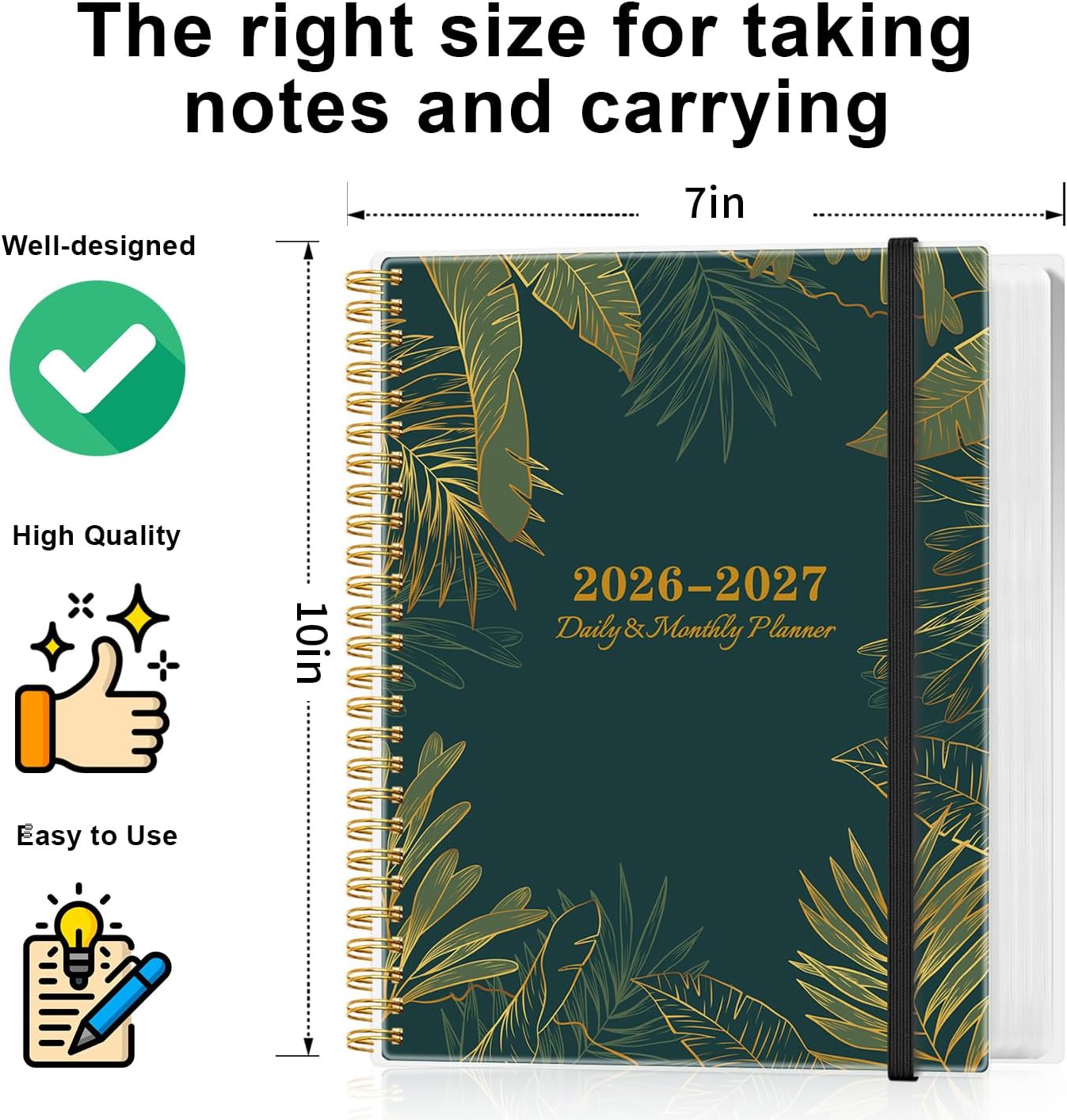 Daily Planner 2026-2027 - Full Page Per Day, July 2026 to June 2026, 2026-2027 Daily Planner with Spiral Bound, Inner Pocket, Perfect for School Office Supplies, 7'' x 10'', Green Gold Leaf