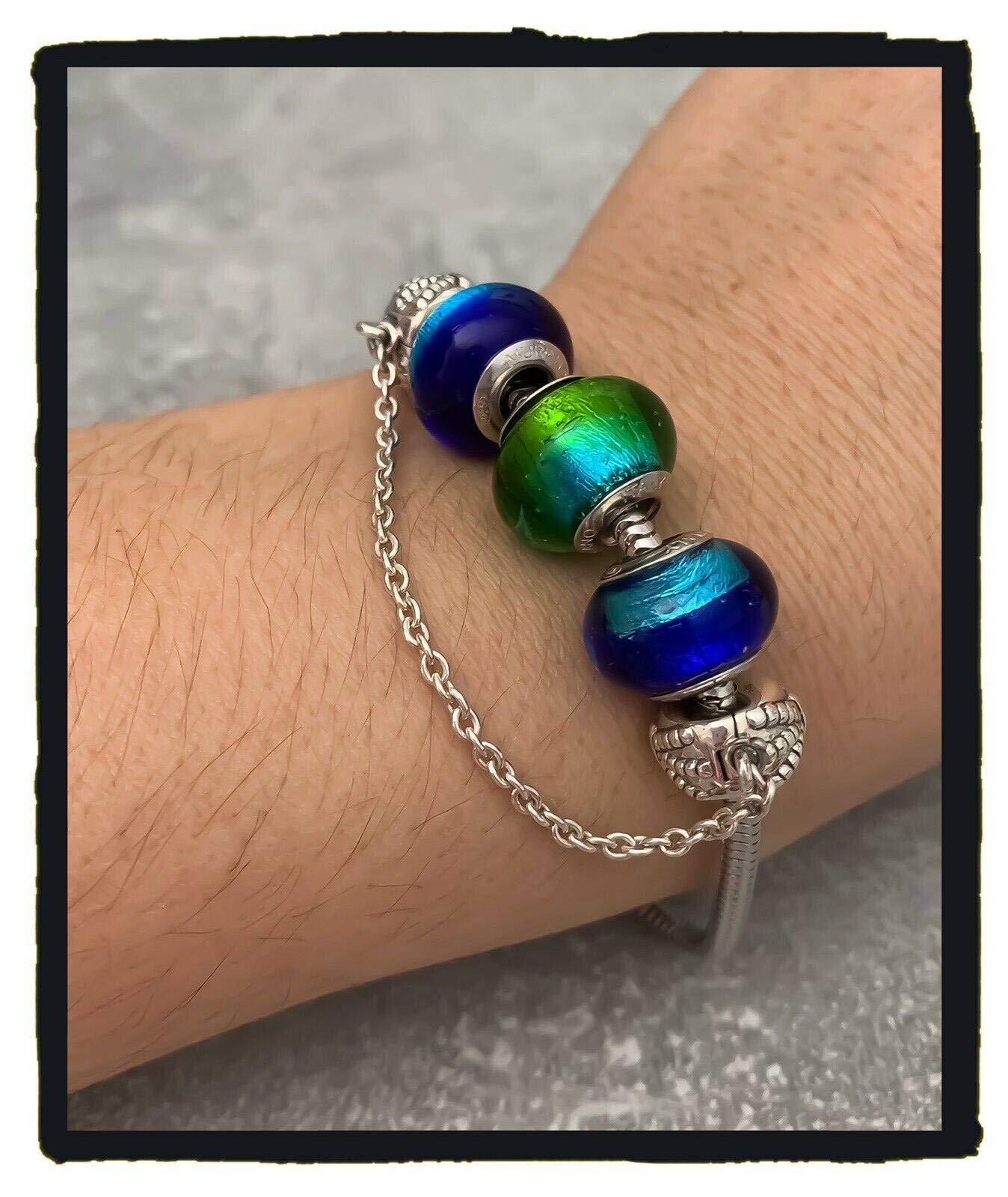 Braccialetto con 3 perle in vetro di Murano autentico e argento 925 rodiato, 18 cm, Argento sterling