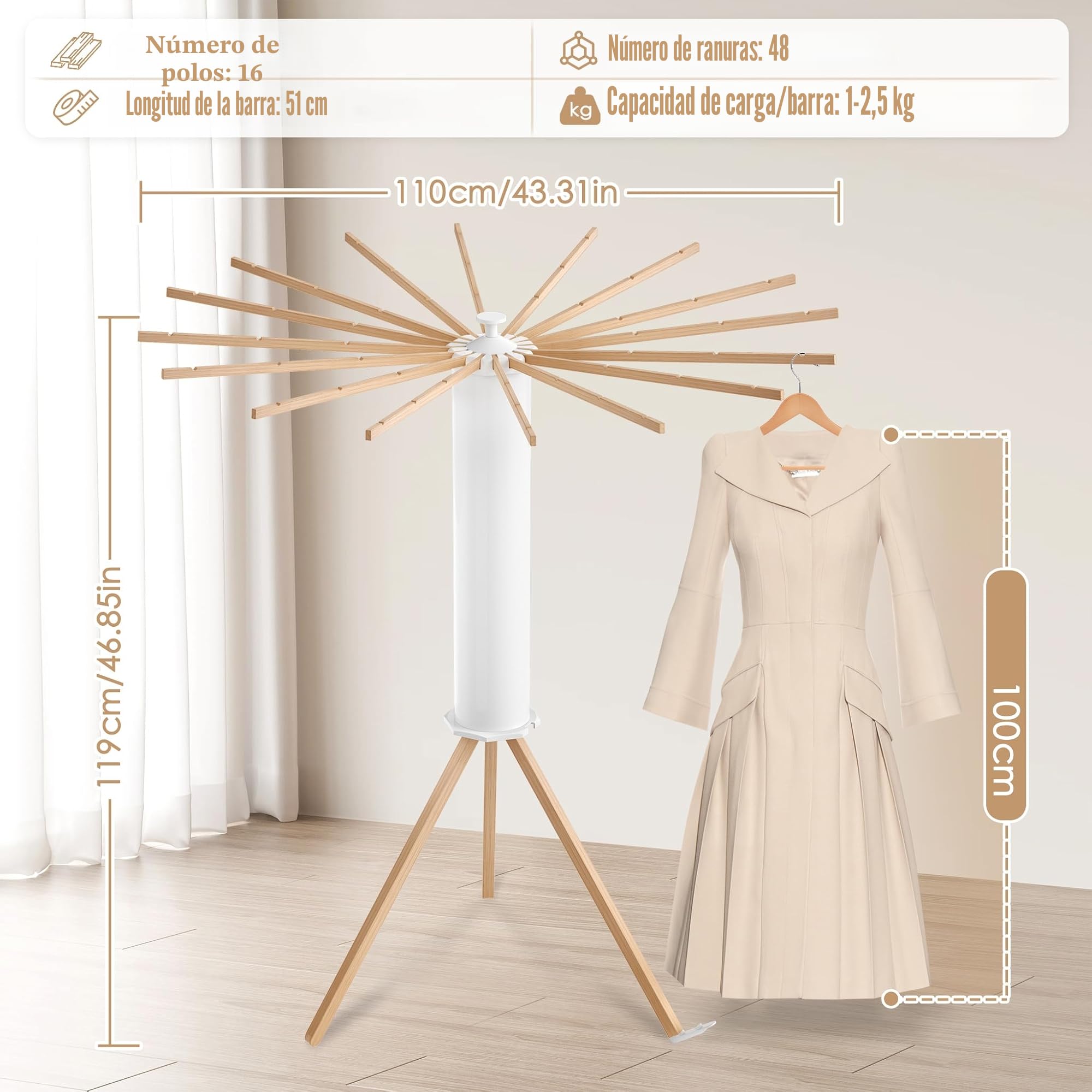 FIVMEN Tendedero plegable - Ahorra espacio, portátil con trípode y 16 barras para secar la ropa - Ventilador de ropa de gran capacidad para balcón, lavandería, baño, madera