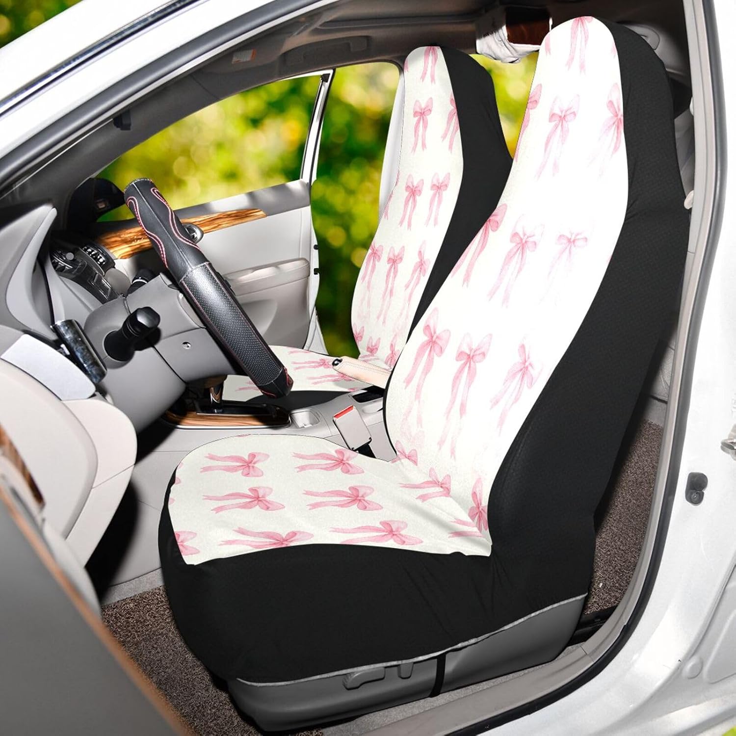 2 Pack Pink Bows Car Seat Covers Front, Universal All-in-One Fit Elastic Breath Car Seat Protector Non-Slip Waterproof Fit for SUV/Trucks/Sedans