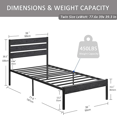 Miniatura 2 de VECELO Marco de cama individual con cabecera y pie de cama de madera, base de colchón de plataforma, soporte de listones de metal resistente, no se