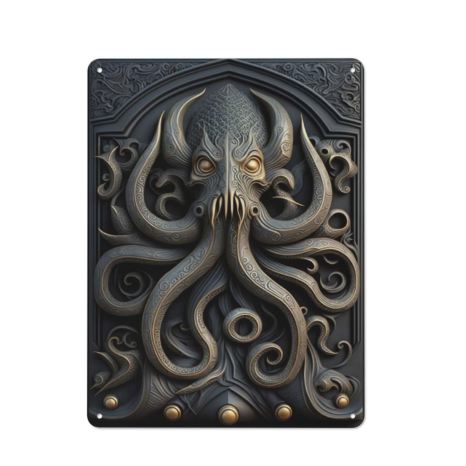 Junmoney Style-16 Modern Retro Kraken Gold Relief Deco Metal Wall Art Sign 40X30cm, Studio Wall Art For Modern Home, Workshop, Office Or Cafe
