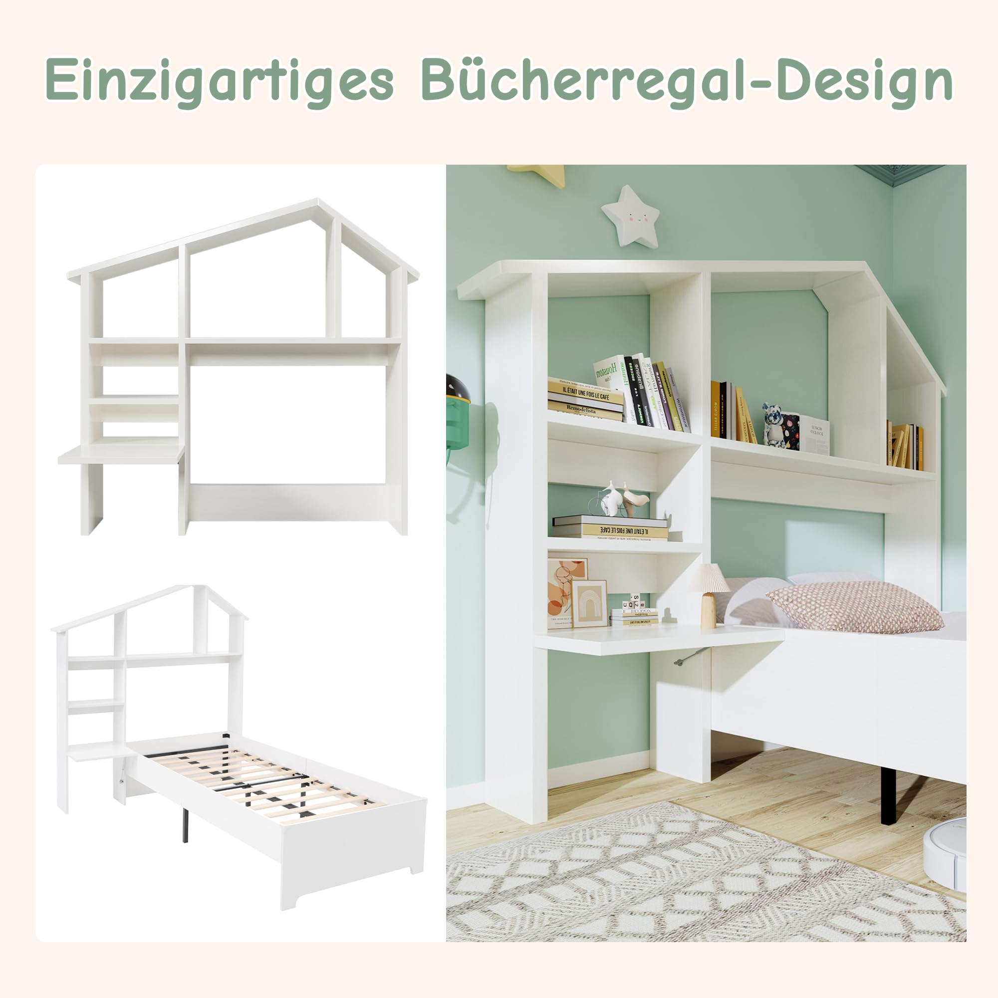 Bett 90x200 mit Bücherregal und USB Type-C-Ladefunktion, Kinderbett Hausbett Polsterbett mit Stauraum & Vollflächiger Lattenrost, Hydraulisch Einzelbett Stauraumbett, Leinen, ohne Matratze, Natürlich