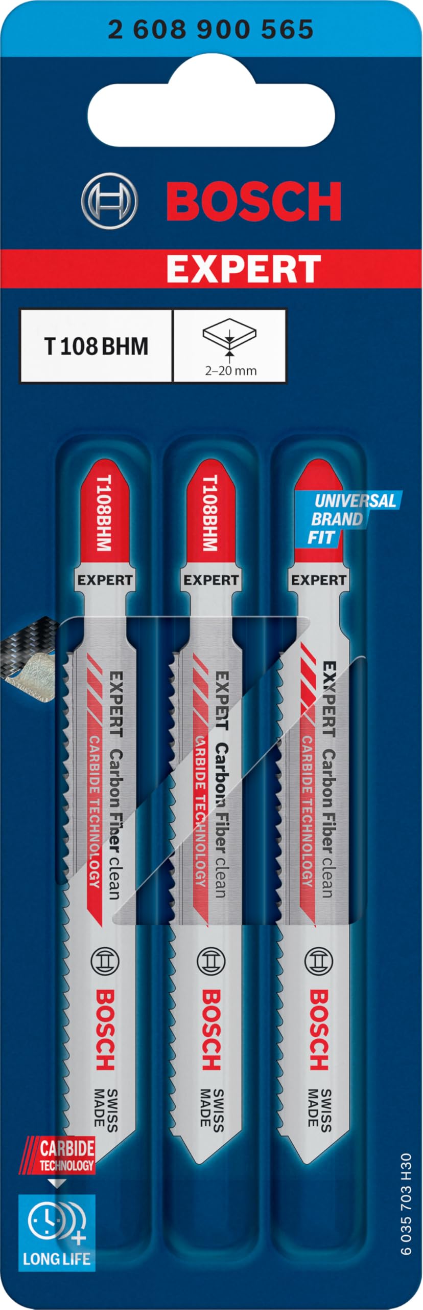 Bosch 3x Expert ‘Carbon Fiber Clean’ T 108 BHM Stichsägeblatt (für Faserkunststoffe GFK, CFK, Länge 92 mm, Professional Zubehör Stichsäge)