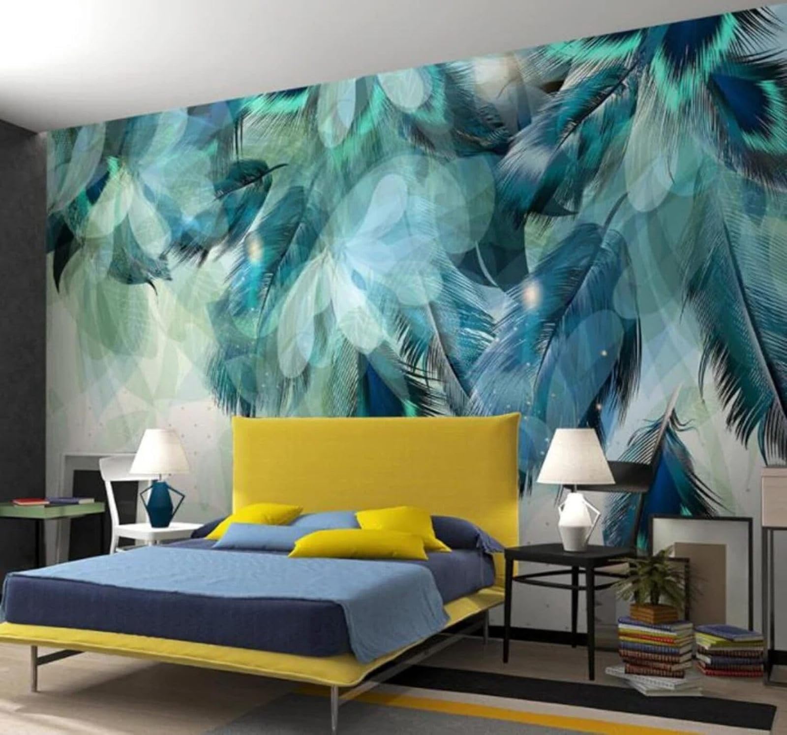 XLMING Minimalist Blue Feathers Abstract Art 3D Wallpaper Luxury Home Dining Decor Paste Sofa Living Room The Wall for Bedroom Mural-250cm×170cm