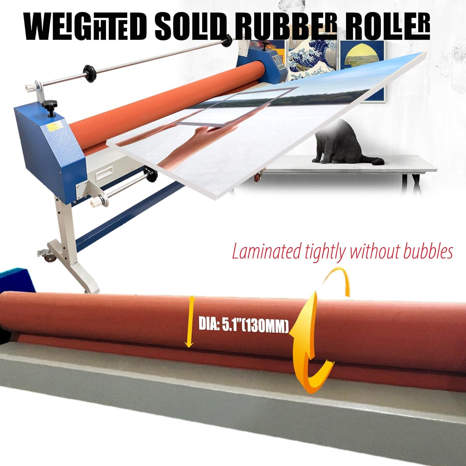 63" Large Format Cold Laminator Machine W/Hand Crank, 110V Electric Cold Roll Laminator W/Film Hold Rod, Commercial Professional Rubber Roller Large Format Laminator