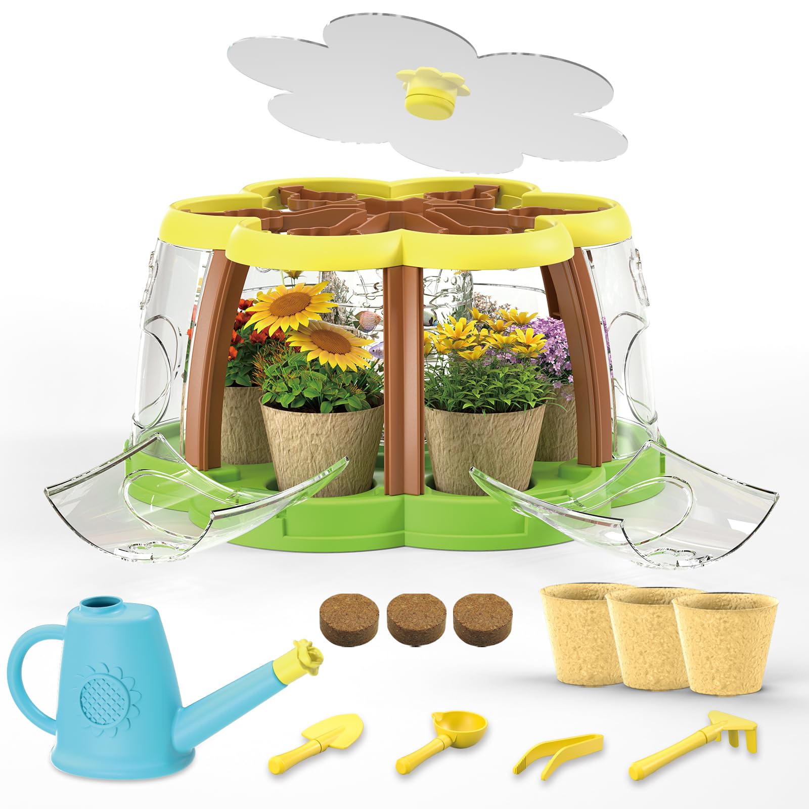 Kids Plant Growing Kit - Greenhouse Flower Plant Growing Kit with Upgraded Garden Tools Watering Can - Kids Gardening Set - Educational Creative Thinking Toddler Gardening Set