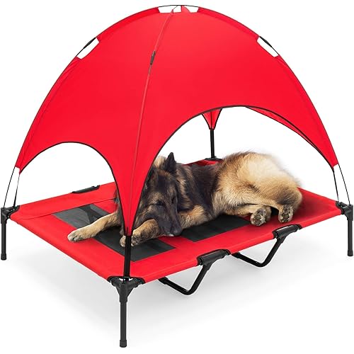 Best Choice Products 48in Elevated Cooling Dog Bed, Outdoor Raised Mesh Pet Cot w/Removable Canopy Shade Tent, Carrying Bag, Breathable Fabric - Red