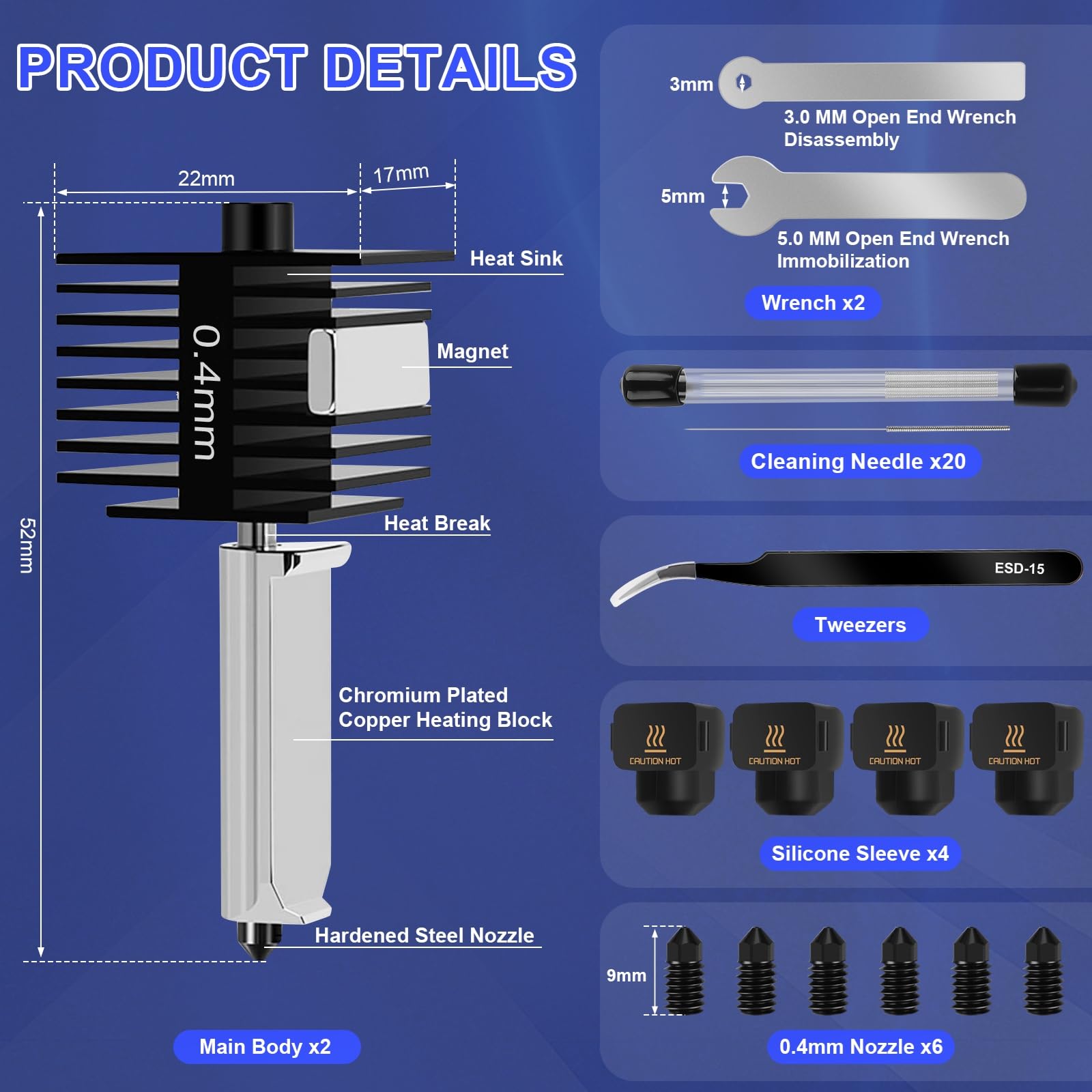A1 Mini/A1 Hotend Druckkopf Hot End Kit Extruder Hochtemperatur 0,4mm gehärtete Stahldüse Ersatz mit Silikon Abdeckung Socke, Reinigungsnadel, Pinzette usw für Bambu Labor 3D Drucker Zubehör 33 Stück