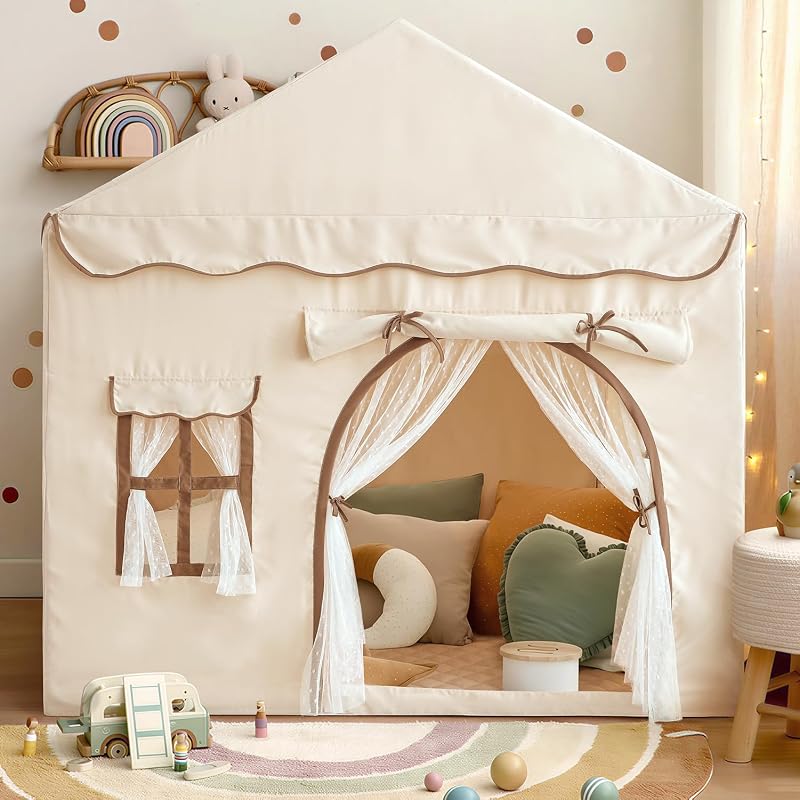 Tienda de juegos para niños con puertas dobles Tiendas de campaña tipo castillo para niños - Beige | Tienda de campaña para niños con tapete, casa de juegos de aventuras de fantasía de dos puertas para niños y niñas, juguetes para cumpleaños, regalo de Navidad