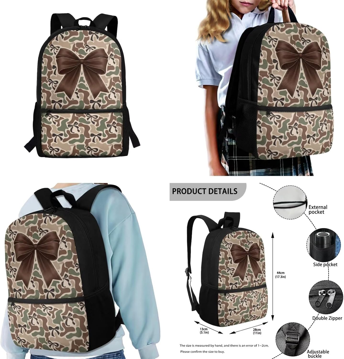 COEQINE Camo Bow Backpack for School Kids with Lunchbox and Pencil Case Set image 2
