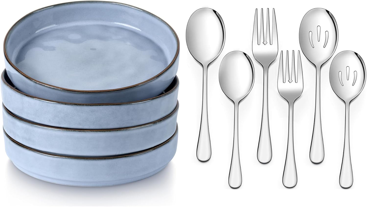 LIANYU 2 Serving Spoons, 2 Slotted Serving Spoons, 2 Serving Forks, Pasta Bowls Set of 4, Stainless Steel Serving Spoons Forks Set, Dishwasher Safe