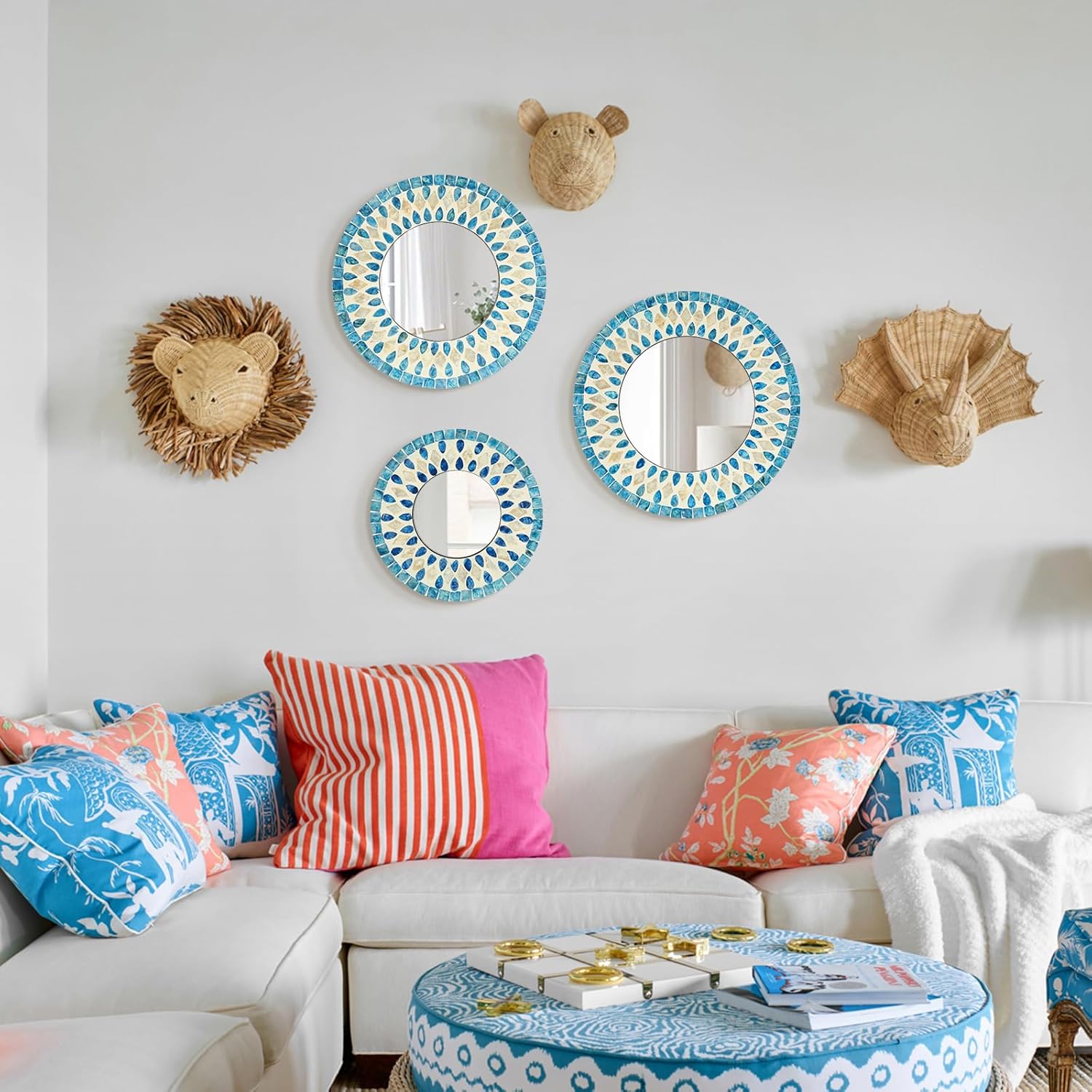 Handmade Mother of Pearl Mirror for Wall Decor, 3PCS Round Decorative Mirrors for Beach Nautical Home Hotel Coffee Shop, Natural Plate Art Hanging Sculpture for Dorm Apartment Entryway (Blue)