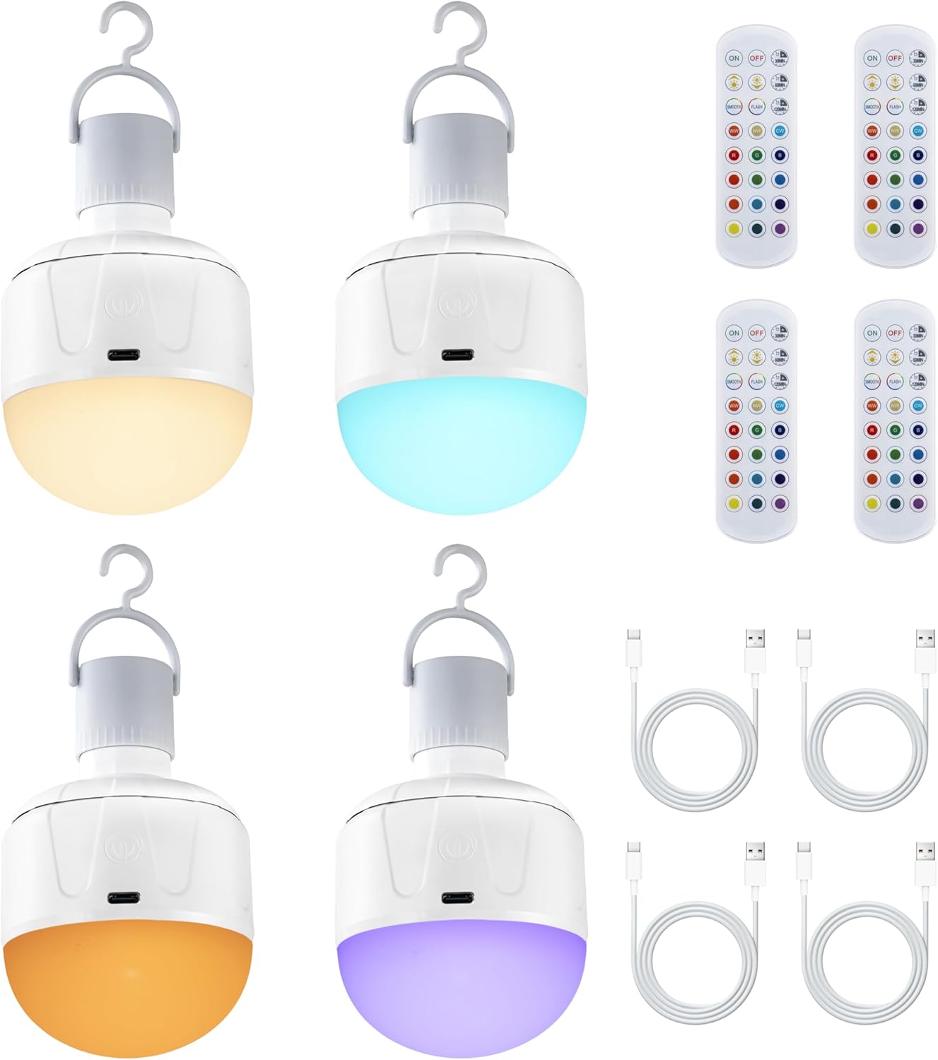 E26 Rechargeable LED Light Bulb with Remote,3600mAh,Cordless,Portable Color Changing Light Bulb,Dimmable 3500K-6500K RGBCW,Timer,Battery Powered Light Bulbs for Non-Hardwired Fixture,4 Pack