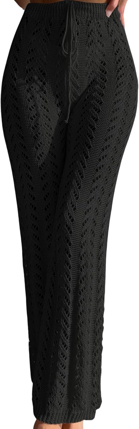 Women's Crochet Knit Beach Pants Hollow Out Drawstring Waist Cover Up Pants Casual Summer Swimwear Cover Up