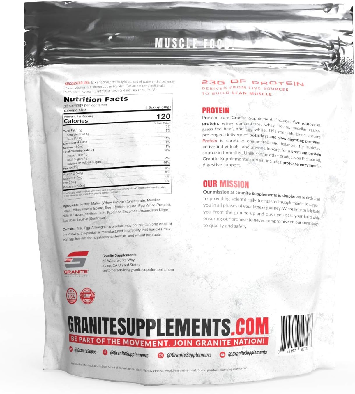 Protein Powder by Granite | 30 Servings of Complete Spectrum Protein to Build Lean Muscle | 5 Protein Sources: Whey Concentrate, Micellar Casein, Isolate, Grass Fed Beef, Egg White | 2lb (Chocolate)