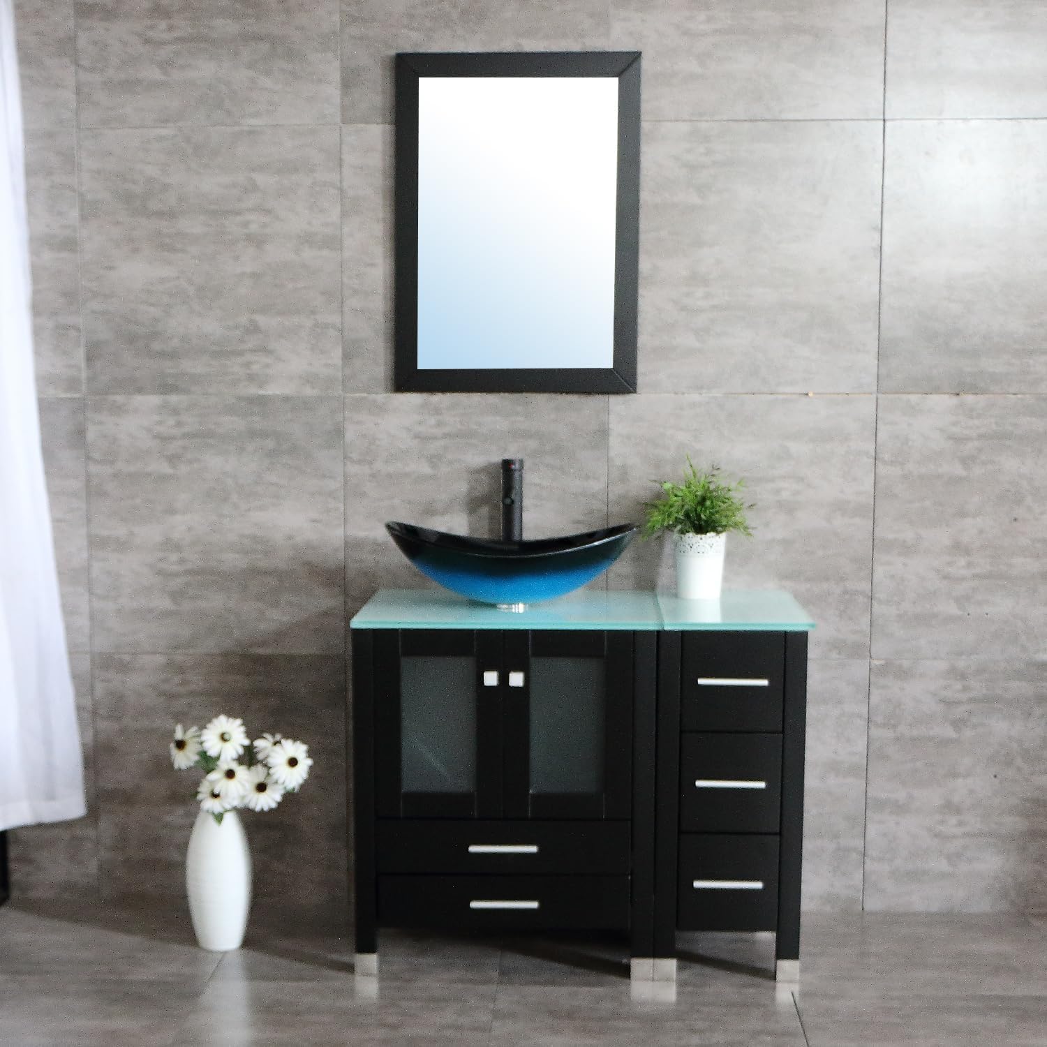 36" Wood Bathroom Vanity Set with Mirror - Modern Combo with Tempered Glass Vessel Sink, Free Faucet & Drain, Durable MDF Cabinet with Soft-Close Storage