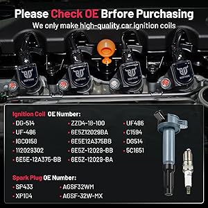BDFHYK Ignition Coil Pack UF486 and Iridium Spark Plugs XP104 Compatible with Lincoln Zephyr,Compatible with Mercury Milan, Tribute, Fusion 3.0L V6 IGC0158 5C1651 DG514 SP433,Sets of 6