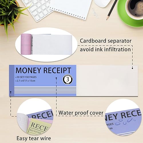 Miniatura 8 de Libro de recibos de dinero y alquiler, paquete de 5, 2 partes, 2.75 x 6 pulgadas, libro de recibos de copia sin carbono con cartón y cubierta