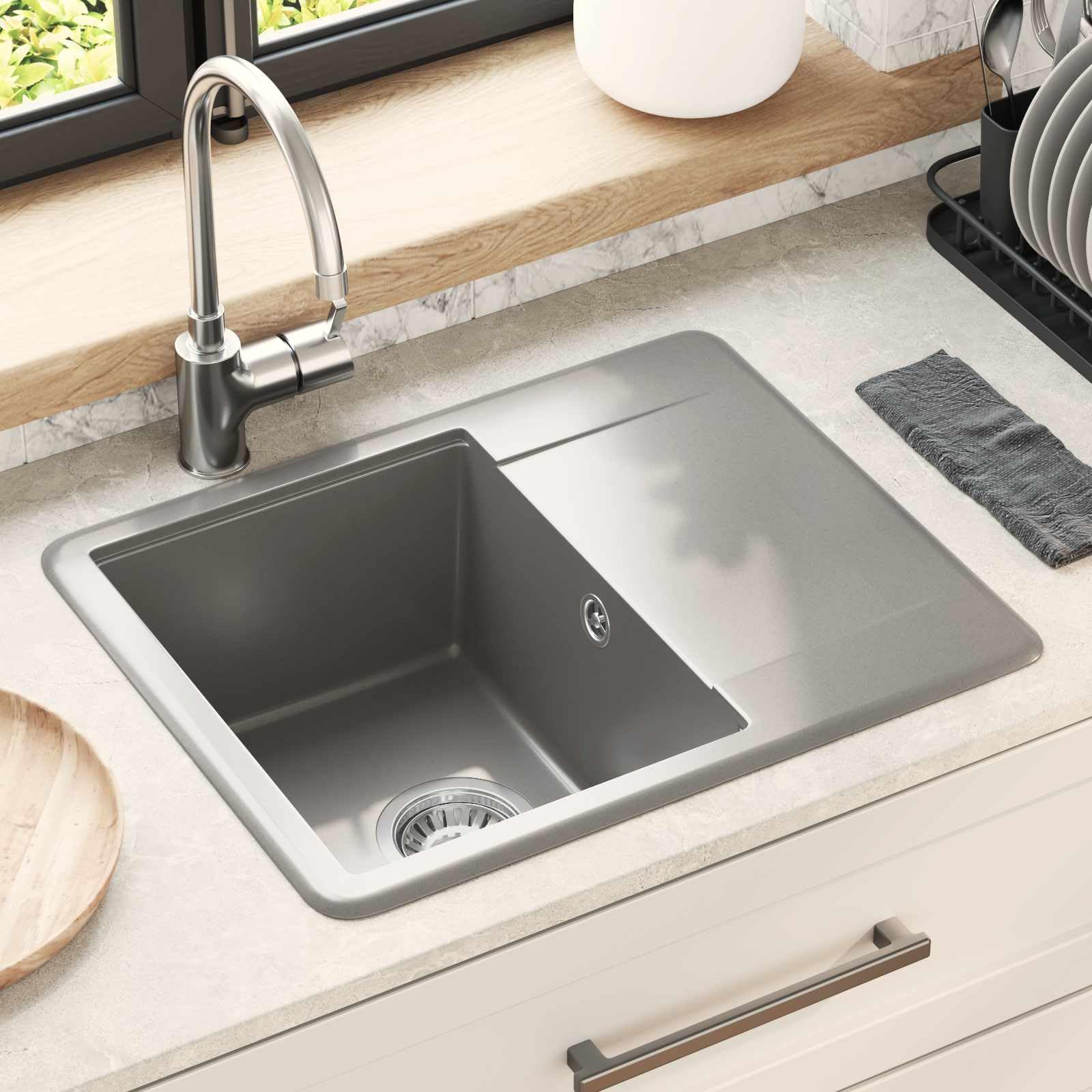Lavabo gris 560 x 460 mm de 80% cuarzo y 20% resina, fregadero empotrable duradero con escurridor para cocinas modernas, granito resistente, fácil montaje, resistente al calor hasta 280 °C