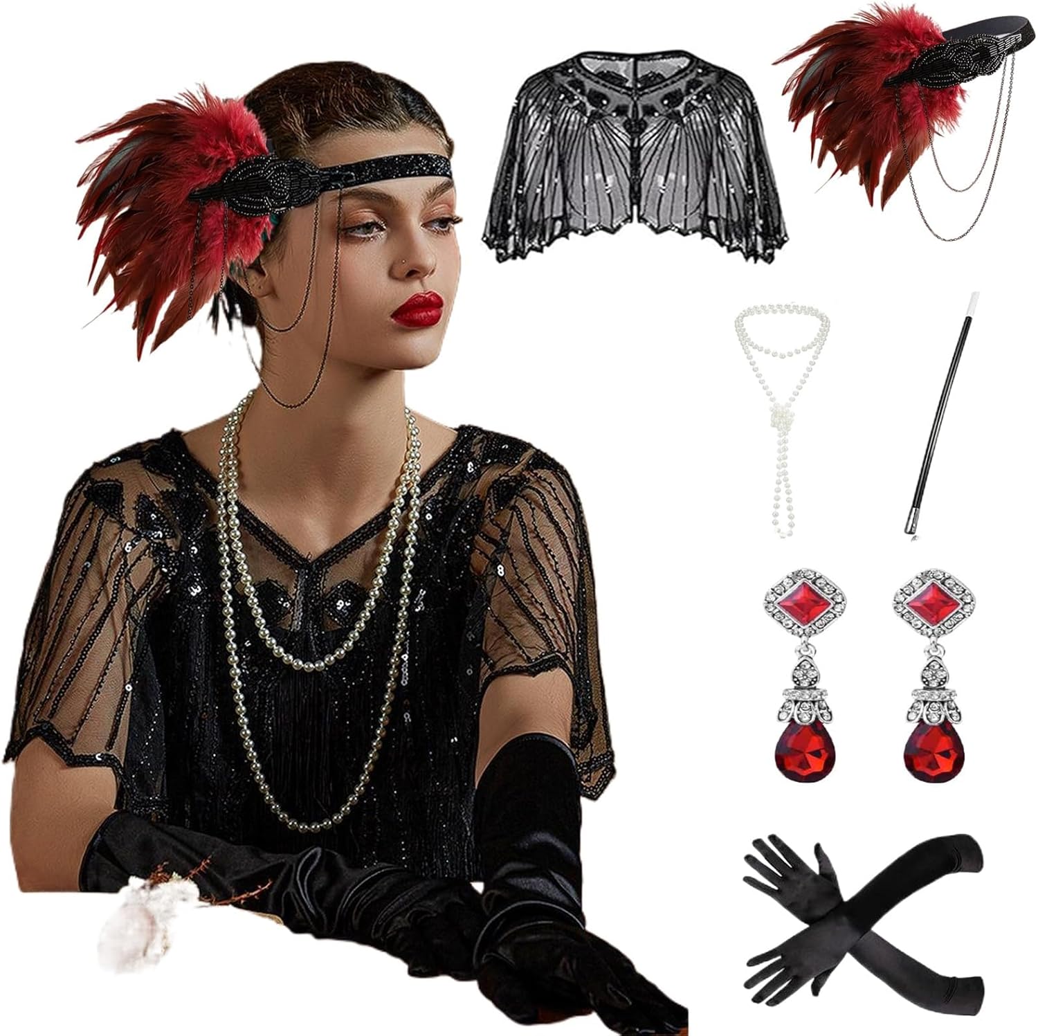 1920s Flapper Gatsby Accessories Set Fashion Roaring 20's Theme Set with Headband Headpiece for Women