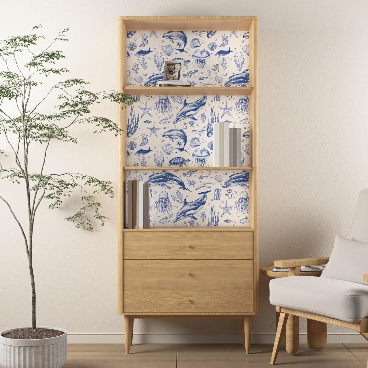 Whale Wallpaper Peel and Stick, Blue Sea Ocean Contact Paper 17.5" x 393.7", Underwater World Wall Paper Self Adhesive Removable Waterproof for Bathroom Shelf Cabinet Table Drawer