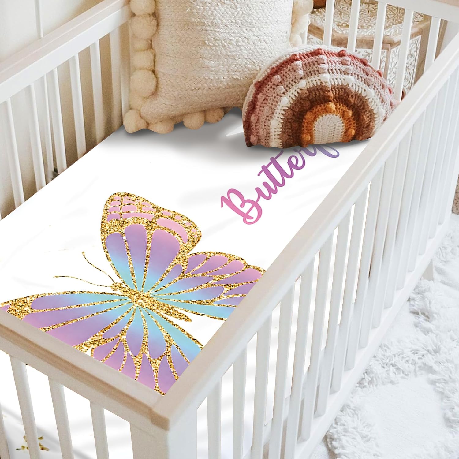 Custom Baby Crib Sheets - Personalized Name Fitted Bed Sheet for Standard Crib Mattress Cover - 2 Pack Butterfly Designs Toddler Sheets for Girls Boys Gift Color06
