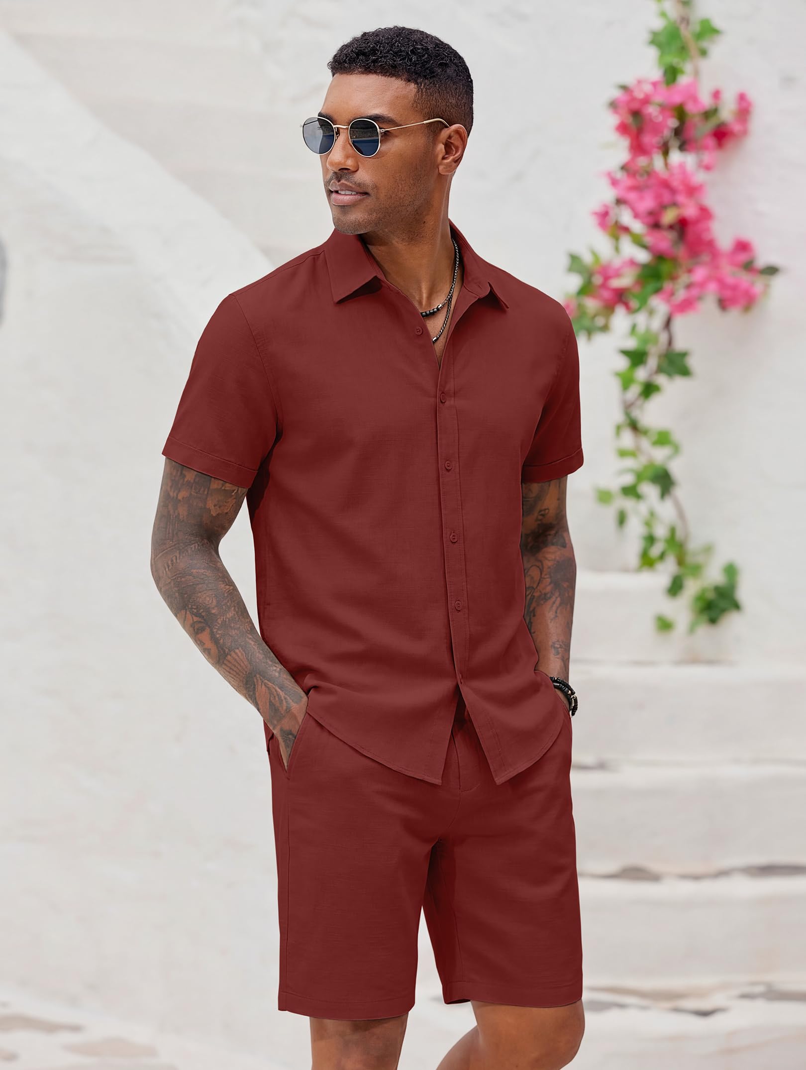 COOFANDY Set da uomo 2 pezzi in cotone e lino, a maniche corte, con bottoni, estivi, pantaloncini da spiaggia, abbigliamento casual