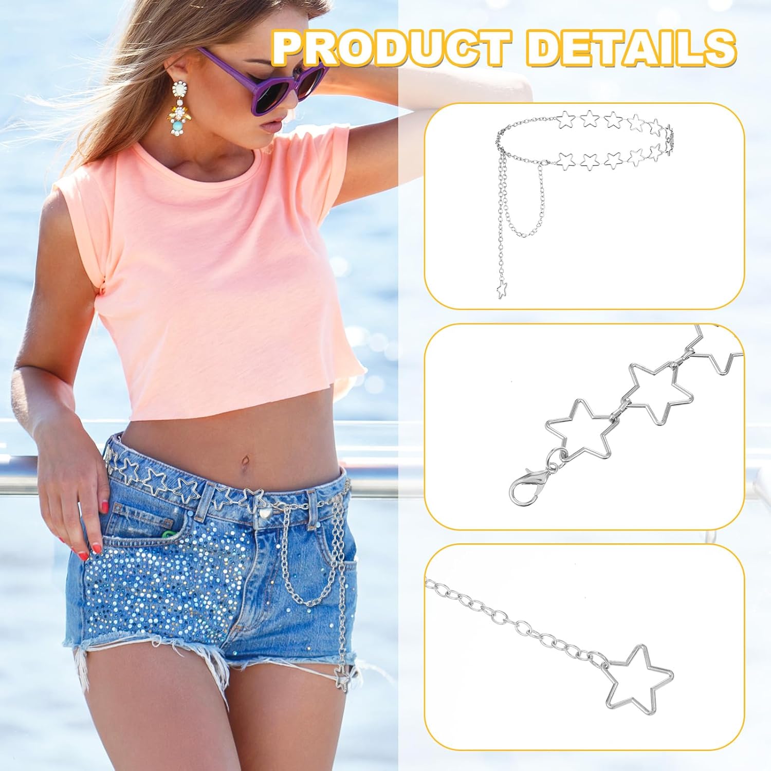 Star Chain Belt, Silver Waist Chain Belt, Y2K Body Chains Plus Size Belt Chain Trendy Metal Belly Chains with Long Tassel for Women Girls Dresses Skirts Jeans - Image 4