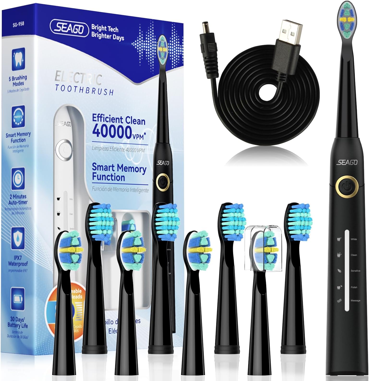 Seago Electric Toothbrush, Rechargeable Toothbrush for Adults Sensitive Teeth, 8 Brush Heads, 5 Modes with Teeth Whitening, Endurance 30 Days, Kids Electric Toothbrushes 6-12, SG-958(Black)