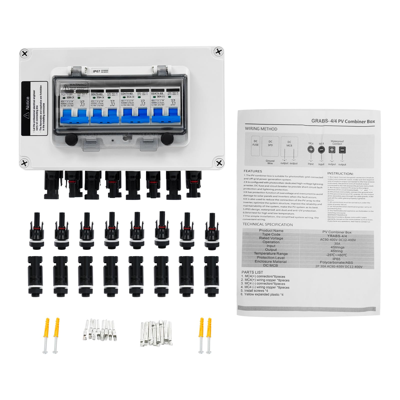 Überspannungsschutz PV DC Trennschalter PV Anlage mit Solarstecker MC4-Stecker 400V 40KA Leitungsschutzschalter Anschlusskasten IP67 Wasserdicht Blitzschutz für Photovoltaik (30A, 4-in 4-out)