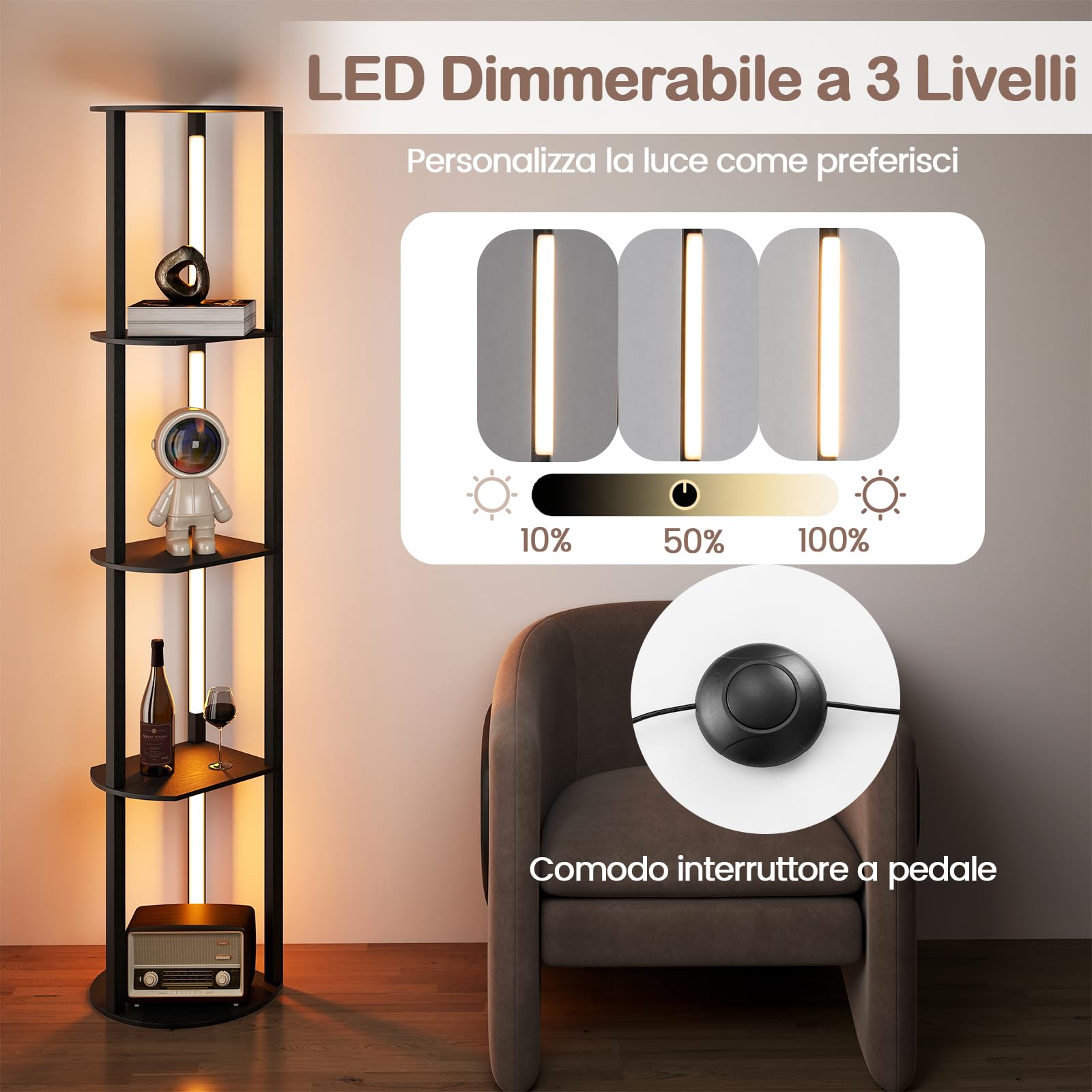 RELAX4LIFE Lampada da Terra con Scaffali a 4 Ripiani, Strisce LED Ruotabili, Luminosità Regolabile e Interruttore a Pedale, Lampada per Soggiorno, Ufficio e Camera (30 x 35 x 163 cm, Strisce LED)
