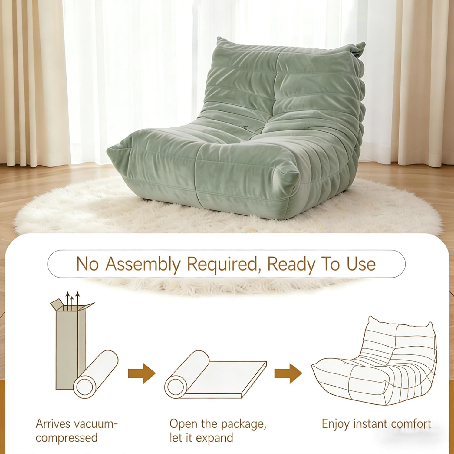 Bean Bag Chairs for Adults Premium Chenille Reading Chair Low Center of Gravity Lazy Sofa Lounger with Non-Slip Base for Living Room Bedroom Office Light Green 35.43″