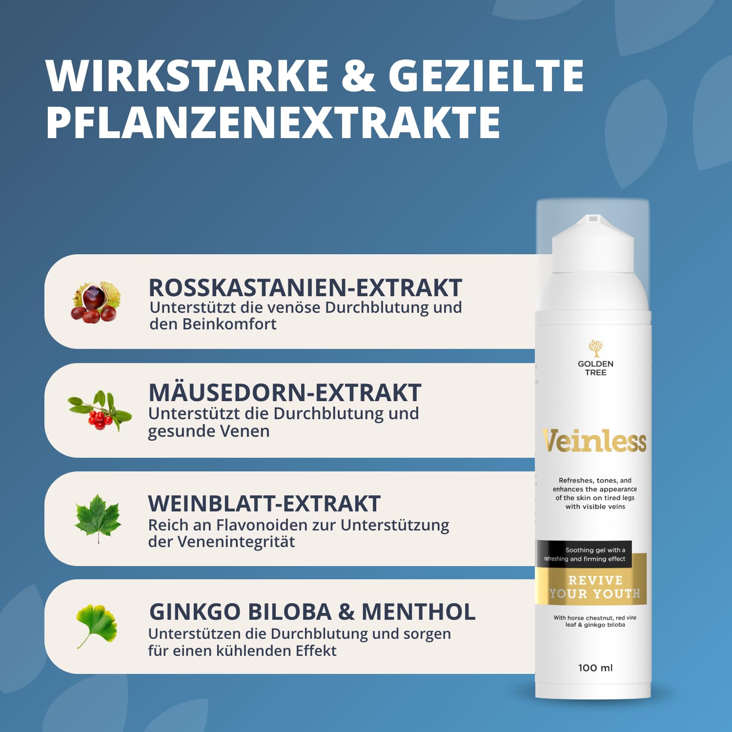 Golden Tree Veinless Kühlgel – Rosskastanien Salbe, 100 ml | Mit Ginkgo Biloba & Roter Weinrebe, Für müde Beine & Venenpflege, Ohne Parabene & Sulfate