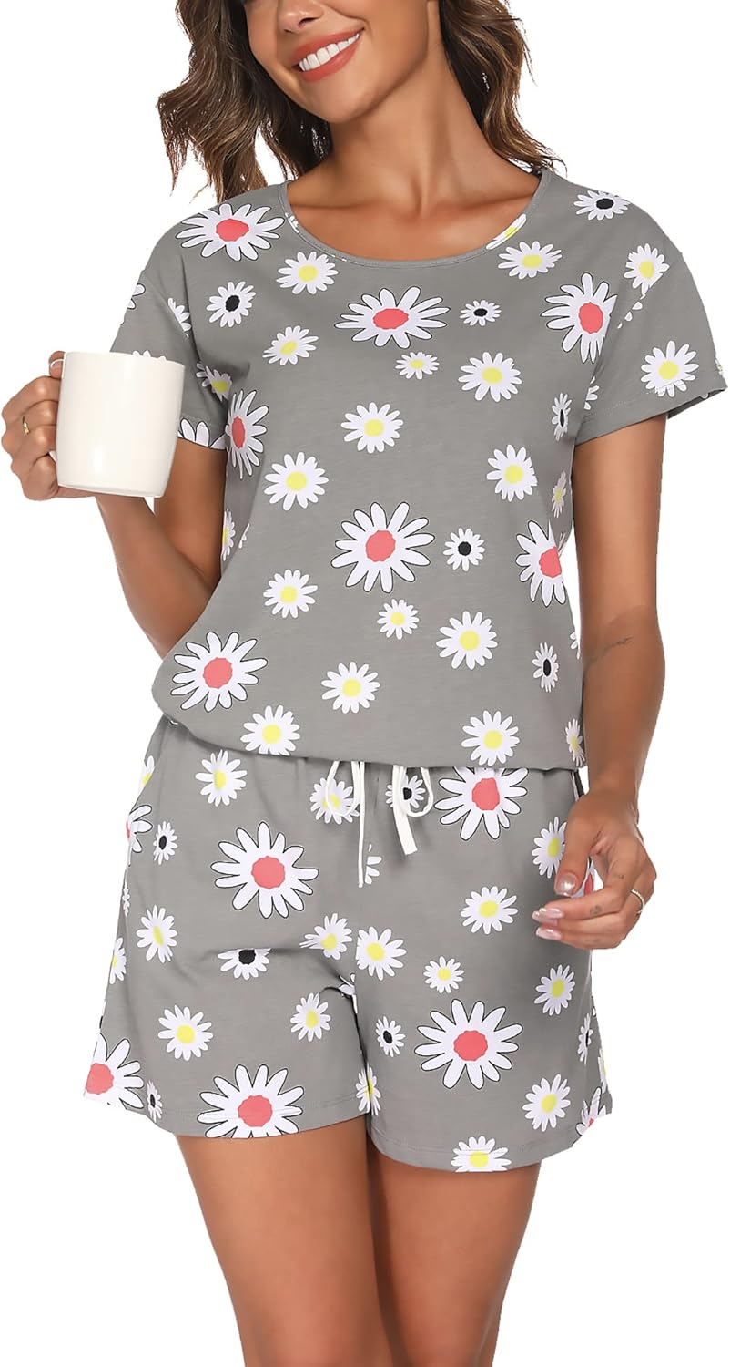 ENJOYNIGHT Womens Pajama Shorts Sets Cotton Pjs Summer Cute Sleepwear with Pockets