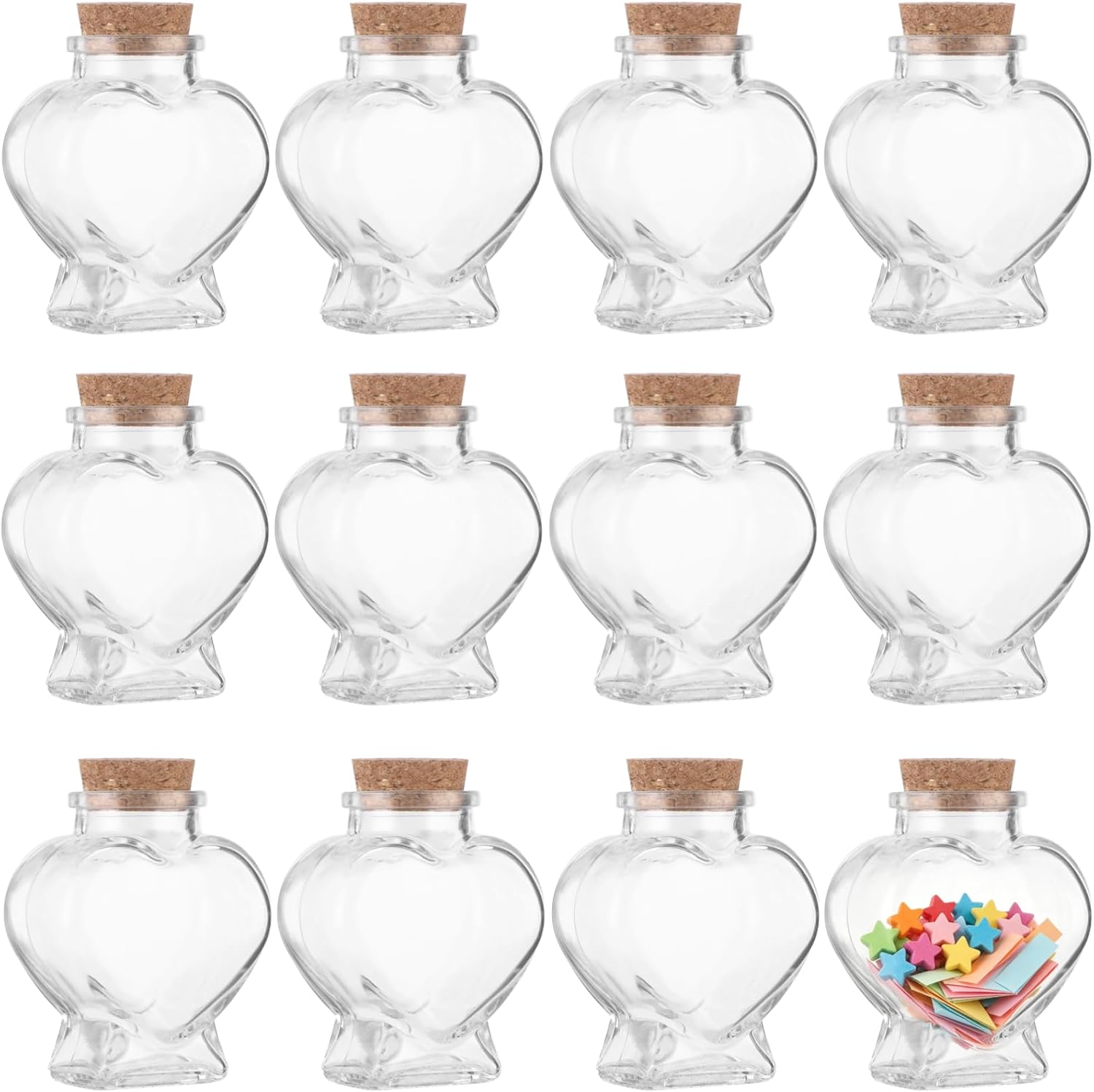 12 Pcs Glass Heart Mini Jars with Cork, Clear Small Bottles for Wedding Favors and Message Crafts, DIY Decorative Storage and Present Containers, 12 Count