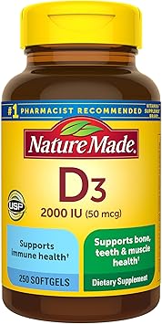 Nature Made Vitamin D3 2000 IU (50 mcg), Vitamin D Supplement for Bone, Teeth, Muscle and Immune Health Support, 250 Softgels, 250 Day Supply