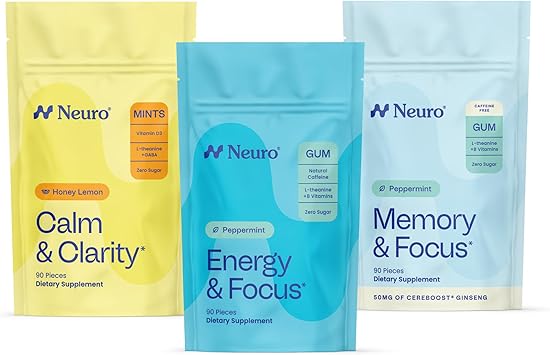 Neuro Cognitive Balance Bundle - Memory & Focus Nootropic Gum Peppermint, 90 Count, Sleep & Recharge Melatonin Mints Berry, 72 Count, Calm & Clarity Stress Support Mints Honey Lemon, 90 Count