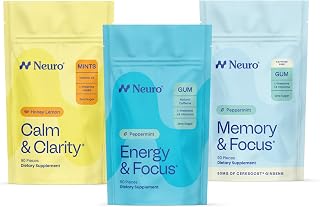 Neuro Cognitive Balance Bundle - Memory & Focus Nootropic Gum (Peppermint, 90 Count), Sleep & Recharge Melatonin Mints (Berry, 72 Count), Calm & Clarity Stress Support Mints (Honey Lemon, 90 Count)
