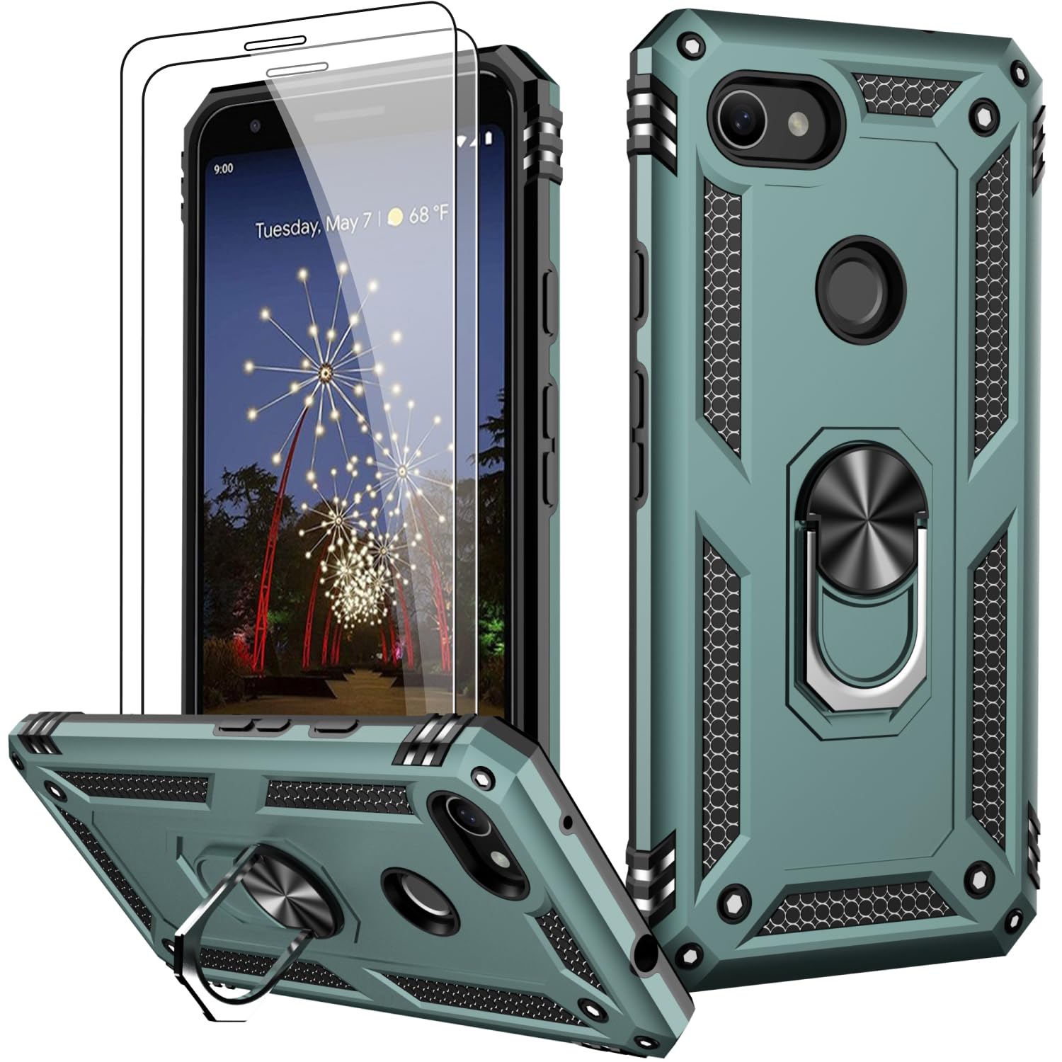 LUMARKE for Google Pixel 3A XL Case with Screen Protector,Pass 16ft. Drop Tested Military Grade Protective Phone Cover with Magnetic Ring Kickstand