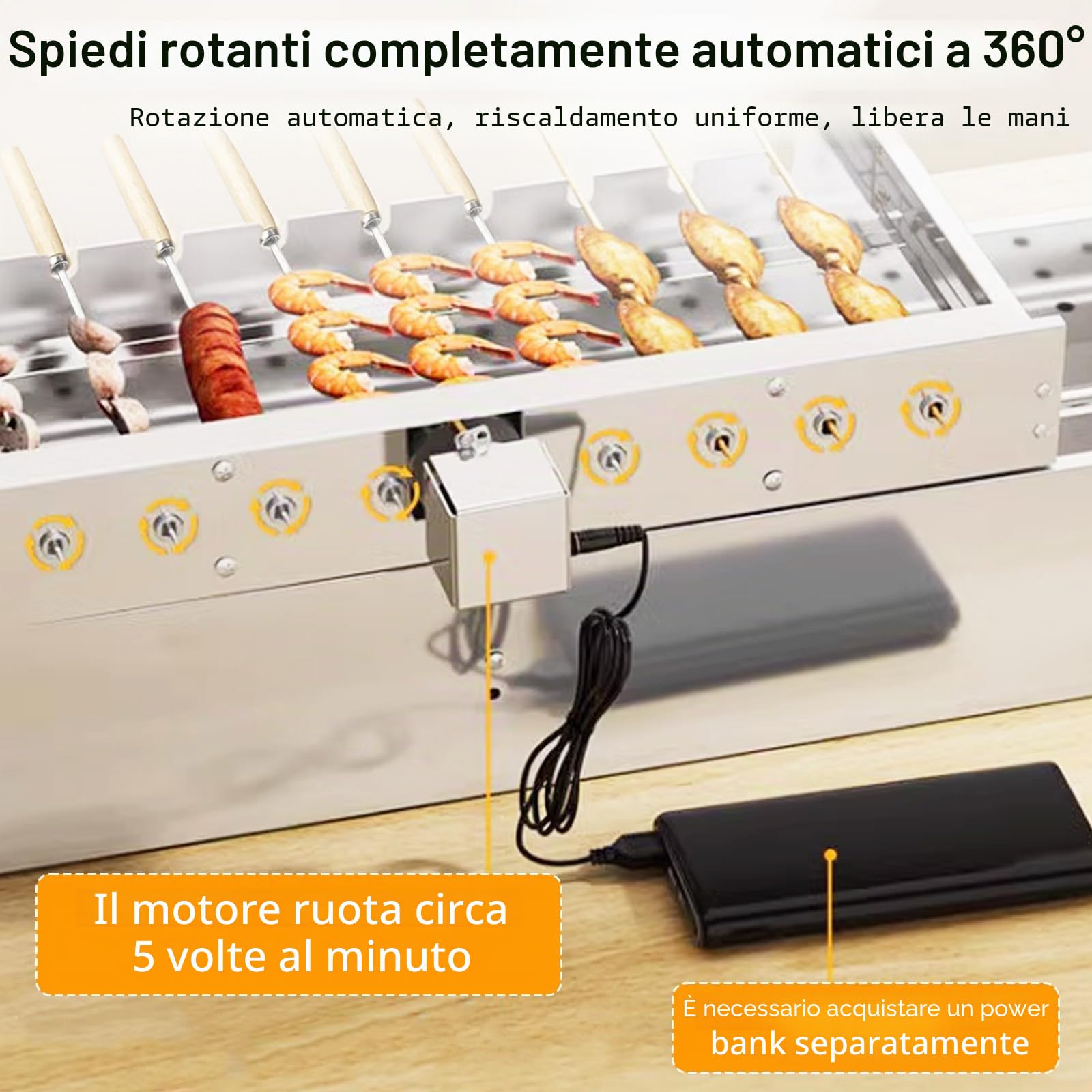 Girarrosto Elettrico, Spiedo Girevole Per Barbecue In Acciaio Inox 50 cm Con Motore USB Accessorio Schaschlik 9 Fori Con 9 Spiedini 5 Giri/Min Larghezza Regolabile Accessori Per Grill Da Giardino