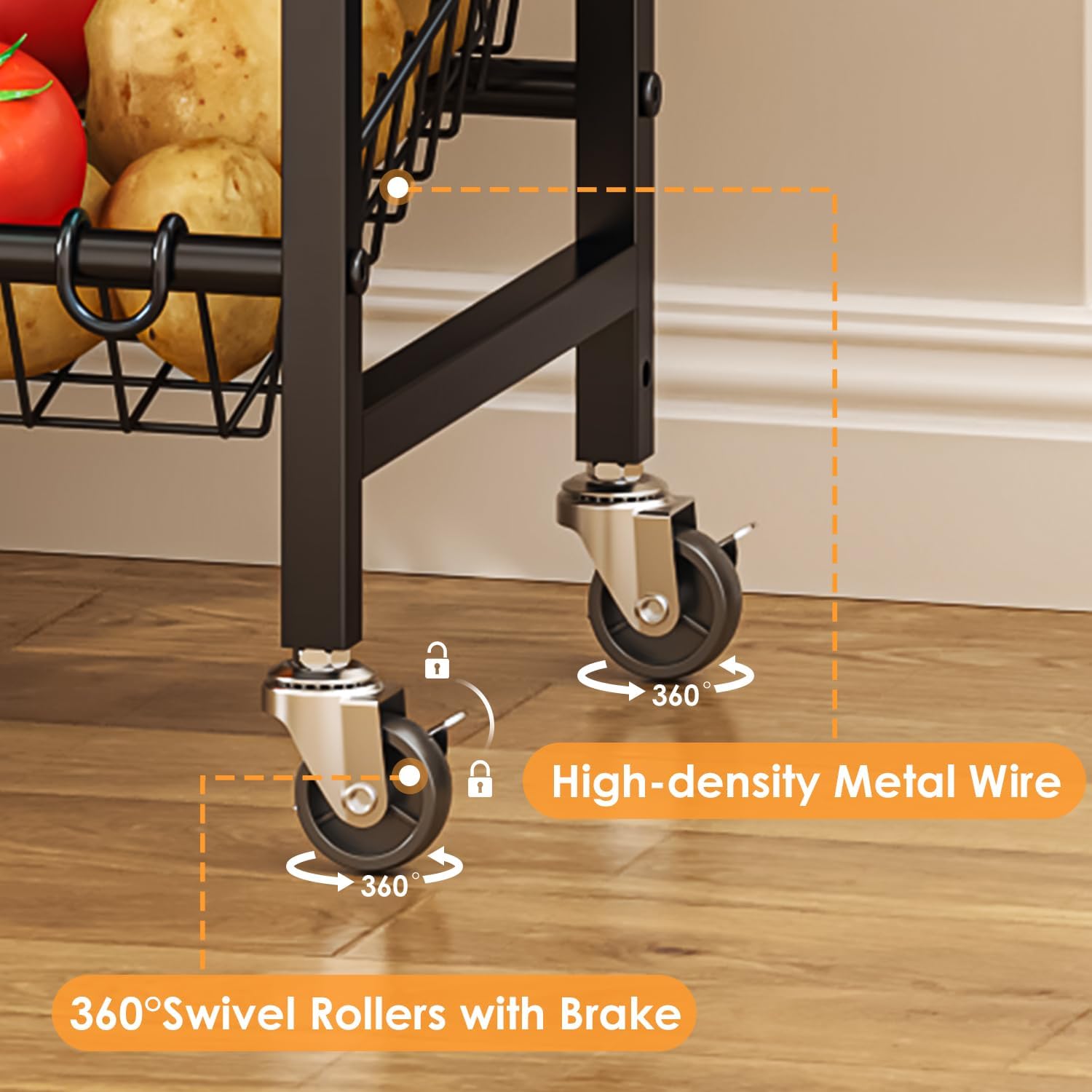 4-Tier Rolling Kitchen Storage Cart,Utility Kitchen Pantry Organizers and Storage Cart with Wheels for Snack Fruit and Vegetable,Microwave Stand with Storage Shelf,Has 6 Wire Baskets and Wood Tabletop