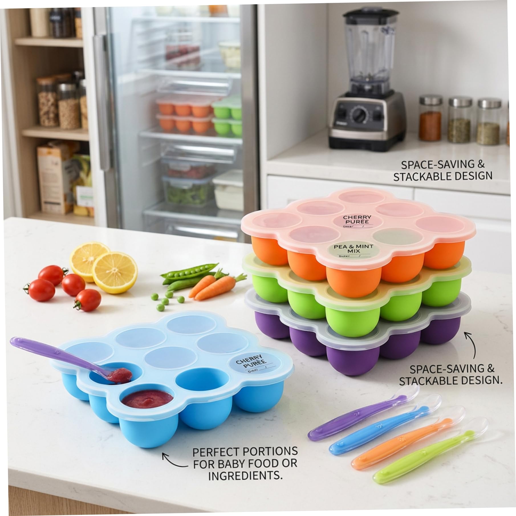 Vassoio congelatore per alimenti per bambini, confezione da 4 vassoi congelatore in silicone per alimenti per bambini con coperchi, stampo flessibile per cubetti di ghiaccio a 9 celle per purea, sn